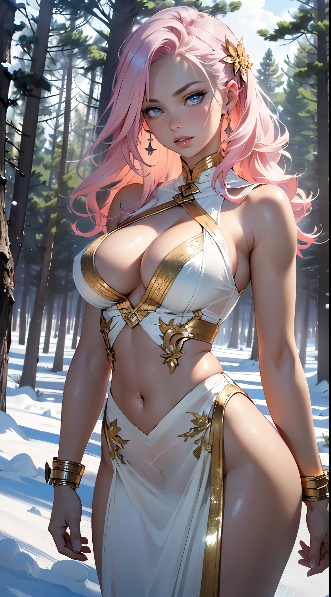 Greek goddess, serious and sexy face, has a face of supernatural beauty, long curly vibrant pink hair decorated with flowers, as well as blue eyes. (perfect anatomy) , (perfect eyes) Her figure is extremely voluptuous, gigantic breasts, heavy breasts, fitness hip, fabric covering breasts, cracked abdominal muscle, white thick silk dress, large abdomen muscle, she sits with her legs in the water,pink hair,
woman,1female,((milf,mom,mature,mature woman,45 years old female,)),
(large breasts:1.5),saggy breasts,colored inner hair,((blue_eyes:1.3))),intricate eyes,beautiful detailed eyes,symmetrical eyes,((((lustrous skin:1.5,bright skin: 1.5,skin tanned,shiny skin,very shiny skin,shiny body,illuminated skin)))),(spider lower abdomen,narrow waist,wide hip,bimbo body,inflated legs),(((detailed face))),
(cute,slutty,,seductive look,seductive,((erotic)),opulent,sumptuous,longingly,((nsfw)),
queen,goddess,fantasy,revealing clothing,show skin,(beautiful white clothes),( transparent white dress, very transparent dress, very loose dress, extremely transparent dress, ver transparent clothes):1.9, greek style, bare belly, bare shoulders, golden bracelets,detailed outfit,cleavage,white silk,((Transparent cloth:1.5)), (((intricate outfit,intricate clothes))),
(dynamic pose:1.0),arrogant face, arrogant smile,
,(centered,scale to fit dimensions,Rule of thirds),
((snowy pine forest at night)), with dark stormy clouds,winter,scenery:1.25,((snow forest background)),Christmas tree,
highres,sharp focus,(ultra detailed,extremely detailed),(photorealistic artwork:1.37),(extremely detailed CG unity 8k wallpaper),(((vibrant colors,vibrant theme))),(intricate),(masterpiece),(best quality),
