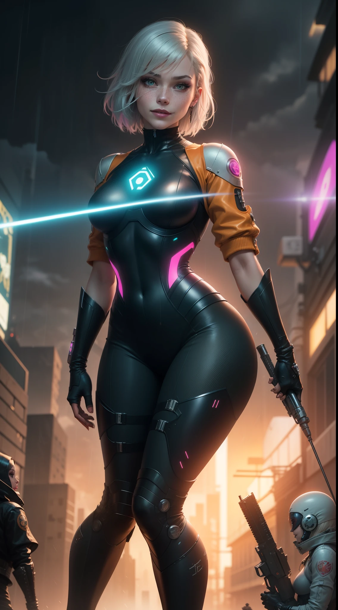 sexy cyborg, magazine cover, poster art , hint of neon vibrant, bold huge text, film grain