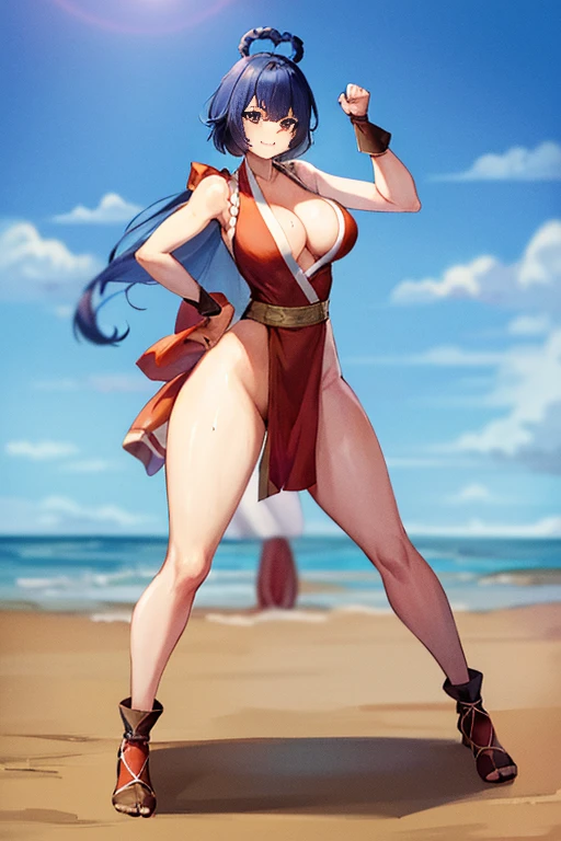 masterpiece, high resolution, best quality, beautiful art, rendered art, well formed hands, body and fingers, 1 woman, solo, Xiangling (30 years old), grown up, adult, big breasted, cleavage, cosplaying as Mai Shiranui alluring body, full body, gorgeous legs, hips and thighs, she is fighting in a combat match, she makes her guard position, getting ready to fight, about to hit and kick the viewer, fighting and action scene, smiling joyfully, being confident and proud, sweating, charming her opponent with her beauty, bouncing breasts, beach background