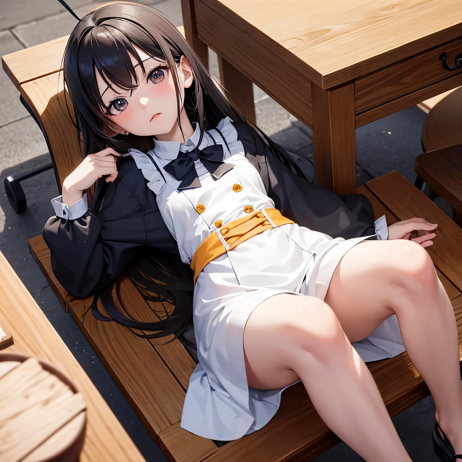 Anime girl sitting at a table with a doll and an orange、small li girl、splash art anime loli、Cute girl anime visual、small curvaceous 、in a dress、cute animeの女の子、cute anime、、anime moe art style、official artワーク、official art、cute art style、zerochan art、young anime girl