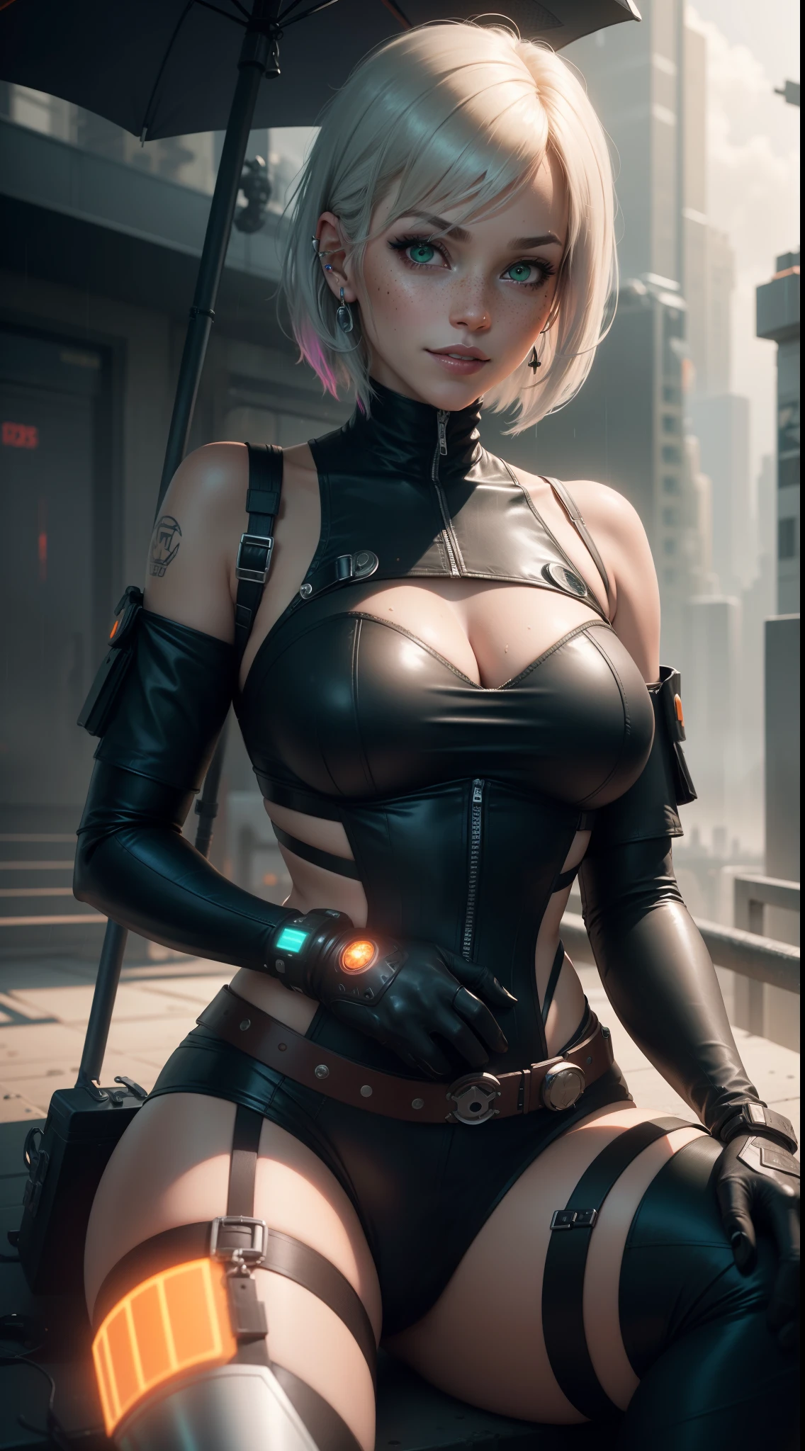 gwen tennyson,tracer,yorha 2b,rebecca chambers, overwatch, atelier ryza, close up, battle ruins, tattoos, orange plugsuit, short sleeve ninja top, short sleeve ninja leotard, garter belt, harness corset, long dress train, short ponytail hair, punk makeup, green eyes, multicolored silver hair, sexy smile, freckles, beautiful girl, large breasts,8k,ultra detailed, realistic, fantasy art, ninja armor, cyborg armor, harness armor, long ninja hooded cloak, hair pin, ear piercings, moonlight, gold hand and neck jewelry, battle stance,(weather: rainy),cowboy shot, ninja knifes,