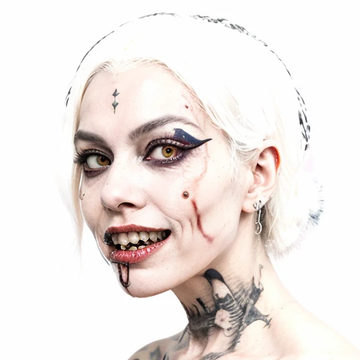 An image of a zombie witch with a creepy face, wide numb eyes, scary open mouth, big sharp teeth with dripping blood and an occult tattoo on the neck, inspired by Junji Ito, junji ito style, art style of junji ito, in style of junji ito, ito junji art, style of junji ito, subtle junji ito, kaethe butcher, inspired by Hannah Frank, fleshy - cyborg - zombie