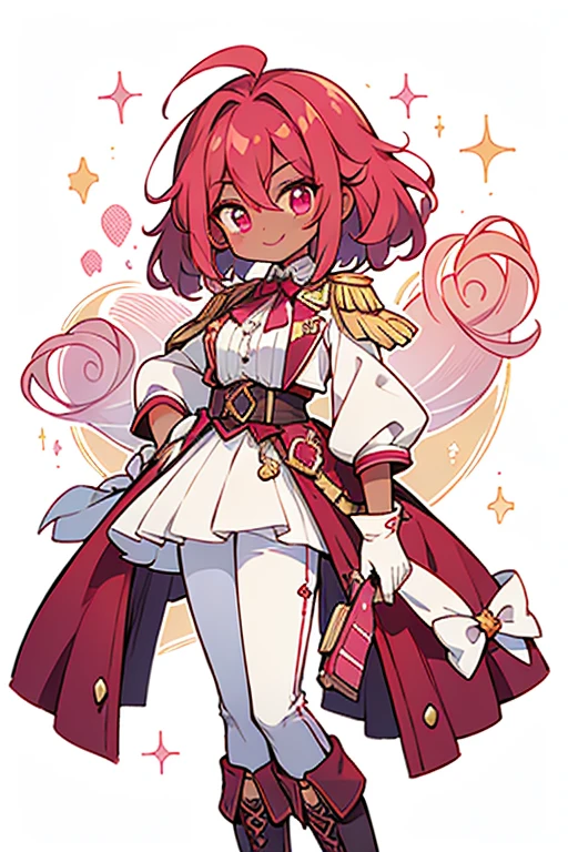 Raspberry Cookie is an average-height Cookie with orange-pink, medium-dark SKIN. She has long crimson hair with light pink swirls. There is a swooping bang with a gradient of a burgundy to crimson. Two strands of hair are pulled back and tied back by a burgundy rosette hair tie with blue ribbons. She has burgundy eyes with white eyelashes and displays a confident smile. Raspberry Cookie wears a dark wine dressage tailcoat with pink lining. A pastel blue band wraps around the waist. There are gold details that outline the hem of the coat and as a curly pattern on the sleeve cuffs. At the back of the ruffled tails are light pink emblems. She dons ruby-colored epaulettes with golden fringes, white gloves, and fashions a white, puffy cravat. She has white pants and short golden diamond-shaped boots. GLITTER