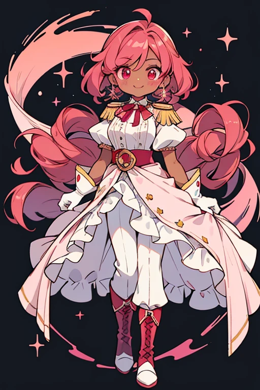 Raspberry Cookie is an average-height Cookie with orange-pink, medium-dark SKIN. She has long crimson hair with light pink swirls. There is a swooping bang with a gradient of a burgundy to crimson. Two strands of hair are pulled back and tied back by a burgundy rosette hair tie with blue ribbons. She has burgundy eyes with white eyelashes and displays a confident smile. Raspberry Cookie wears a dark wine dressage tailcoat with pink lining. A pastel blue band wraps around the waist. There are gold details that outline the hem of the coat and as a curly pattern on the sleeve cuffs. At the back of the ruffled tails are light pink emblems. She dons ruby-colored epaulettes with golden fringes, white gloves, and fashions a white, puffy cravat. She has white pants and short golden diamond-shaped boots. GLITTER