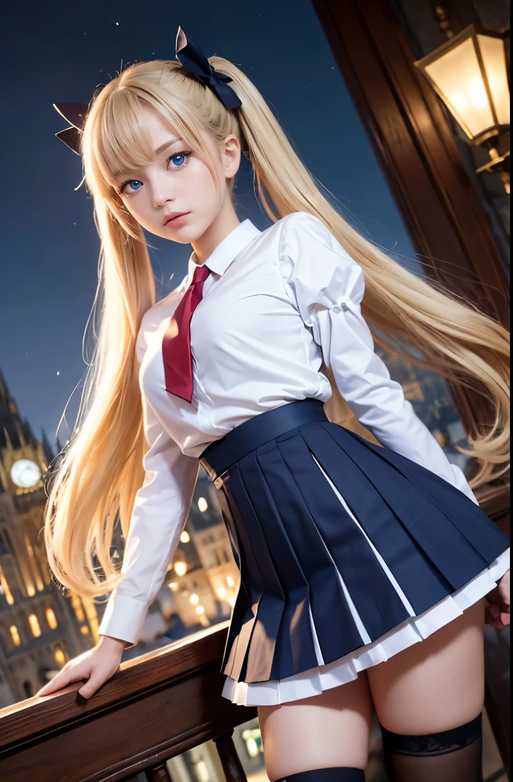 (masterpiece,highest quality,ultra high resolution),cute woman, Very beautiful girl, naive girl、perfect limbs、perfect anatomy、Shining beautiful skin、(bangs)、(((Moist blue eyes)))、(ribbon、blonde twintails 1.5)、(tie)、(white blouse)、((Red Check Pleated Skirt))、(Black fishnet stockings)、high school girl uniform、((medieval european castle、night view、background)),(shot from below、Low - Angle)