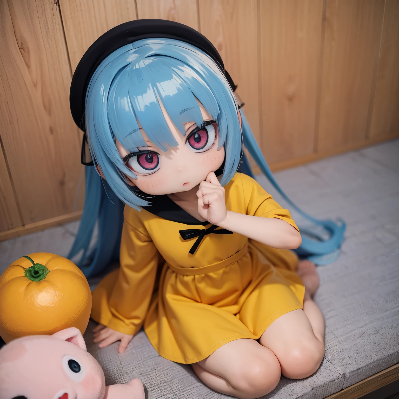 Anime girl sitting at a table with a doll and an orange、small loli girl、splash art anime loli、Cute girl anime visual、small curvaceous 、in a dress、cute animeの女の子、cute anime、、anime moe art style、official artワーク、official art、cute art style、zerochan art、young anime girl