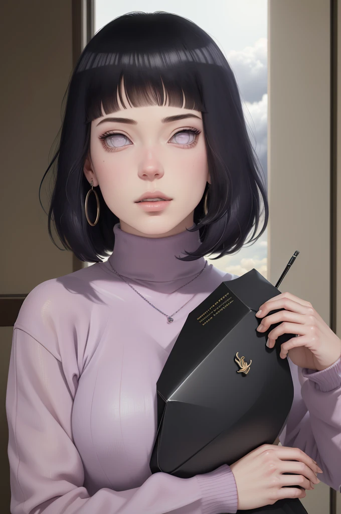 { - anatomy error} (Masterpiece - Ultra-detailed, very high resolution) , absurdos, Hinata\(Boruto\), 1girl, sozinho,Mature female, Capuz roxo,mangas em camadas, jeans, ao ar livre, Cloudy sky, perfect composition, circunstanciado lips, peito grande, beautiful face, body propotion, corar, (pink lips), cabelos pretos curto (black hair), lilac eyes, olhar suave, super realistic, circunstanciado, rosto e corpo realistas, Realistic hair, olhos realistas, nariz realista, realistic lips, with large hoop earrings,