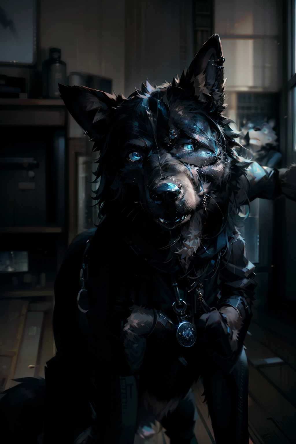 In the dark and gritty image, a dog with piercing blue eyes and unkempt, shaggy fur, clutches a gun to his head. The masterpiece is a raw and intense portrayal of despair and desperation. The gun's cold metal reflects the harsh light in the room, casting deep, ominous shadows on the canine's vibrant, albeit distressed, face. His snout twists in anguish and his tail, usually so full and fluffy, is tucked between his legs. The background is blurred and indistinct, drawing all the attention to the dynamic pose of the dog, who is the focal point of the scene. This high-res