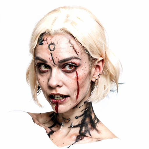 An image of a zombie witch with a creepy face, wide numb eyes, scary open mouth, big sharp teeth with dripping blood and an occult tattoo on the neck, inspired by Junji Ito, junji ito style, art style of junji ito, in style of junji ito, ito junji art, style of junji ito, subtle junji ito, kaethe butcher, inspired by Hannah Frank, fleshy - cyborg - zombie