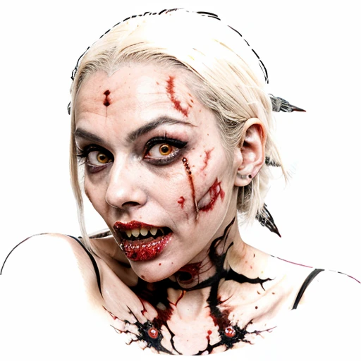 An image of a zombie witch with a creepy face, wide numb eyes, scary open mouth, big sharp teeth with dripping blood and an occult tattoo on the neck, inspired by Junji Ito, junji ito style, art style of junji ito, in style of junji ito, ito junji art, style of junji ito, subtle junji ito, kaethe butcher, inspired by Hannah Frank, fleshy - cyborg - zombie