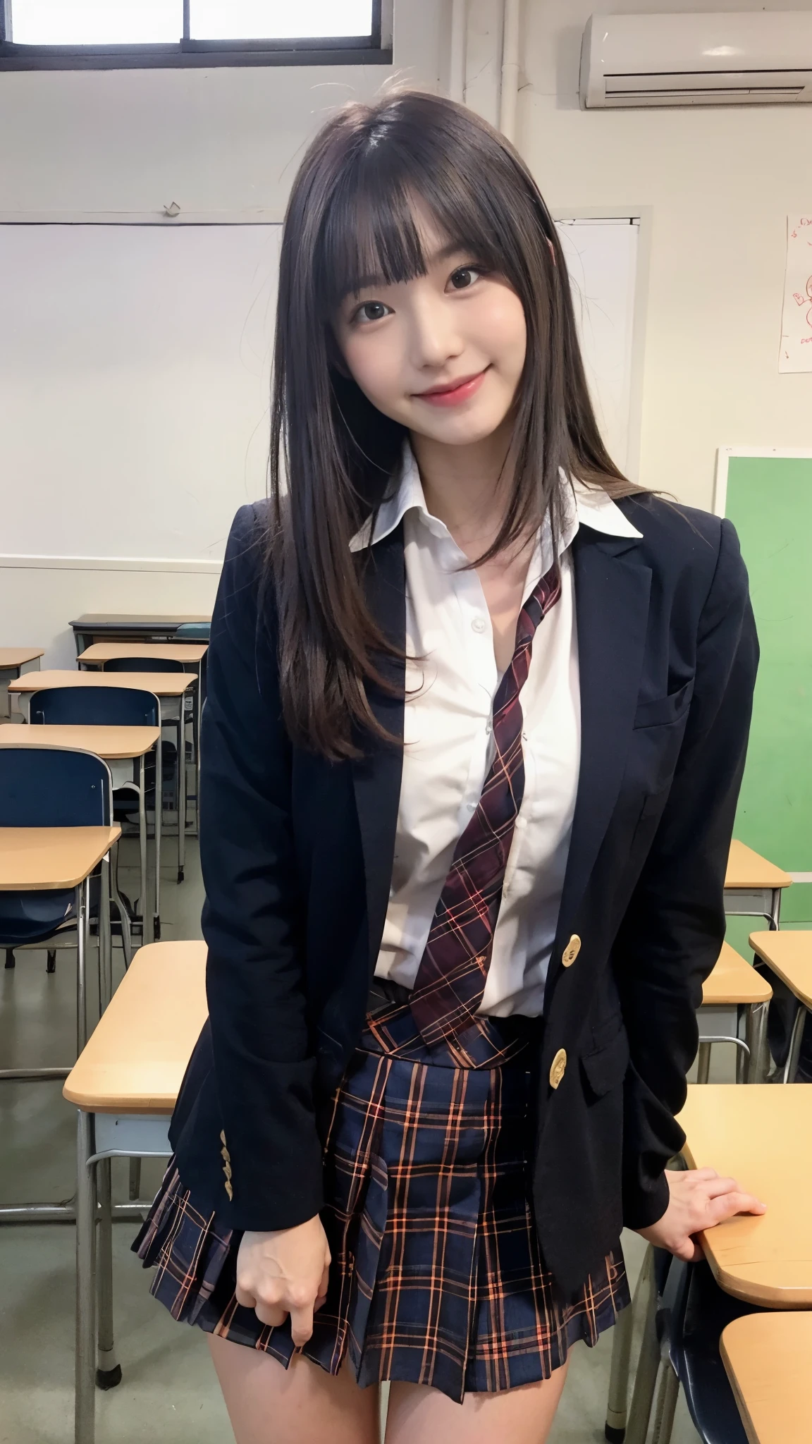 Girl Standing In School Classroom,Red Tie Uniform,Dark Blue Closed Blazer,Blue plaid skirt,18-year-old,bangs,a little smile,thighs,knees,from below，random pose，pretty girl，slender girl，