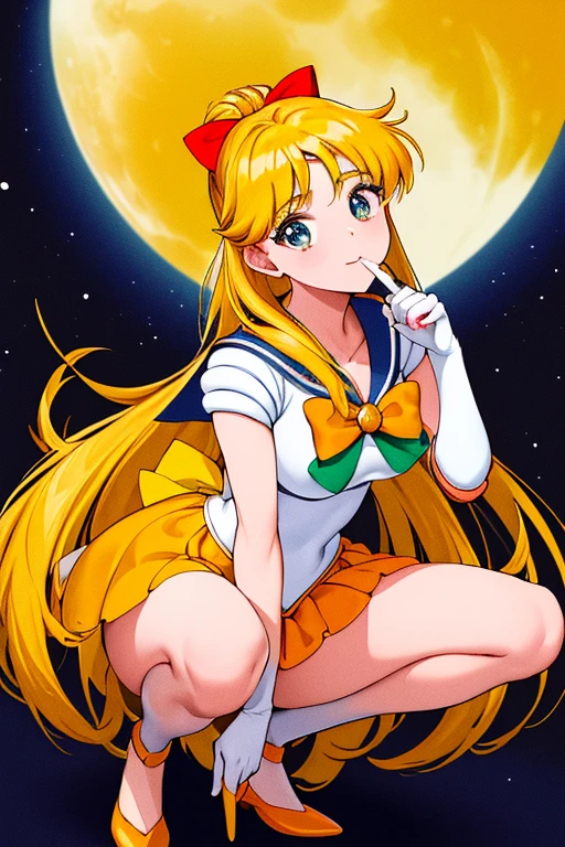 obra de arte, melhor qualidade, high resolution, venus1, 1 garota, Sozinho, uniforme de marinheiro senshi, Sailor Venus, Aino Minako, cabelo loiro,  magic, olhos azuis, saia laranja, luvas de cotovelo, tiara, Saia plissada, arco de cabelo, colar laranja do marinheiro, mini-saia, gargantilha, Red loop, orange gargantilha, luvas brancas, cabelo muito comprido,  joia,  brincos, squatting.