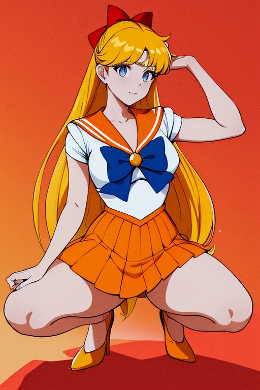 obra de arte, melhor qualidade, high resolution, venus1, 1 garota, Sozinho, uniforme de marinheiro senshi, Sailor Venus, Aino Minako, cabelo loiro, magic, olhos azuis, saia laranja, luvas de cotovelo, tiara, Saia plissada, arco de cabelo, colar laranja do marinheiro, mini-saia, gargantilha, Red loop, orange gargantilha, luvas brancas, cabelo muito comprido, joia, brincos, squatting.