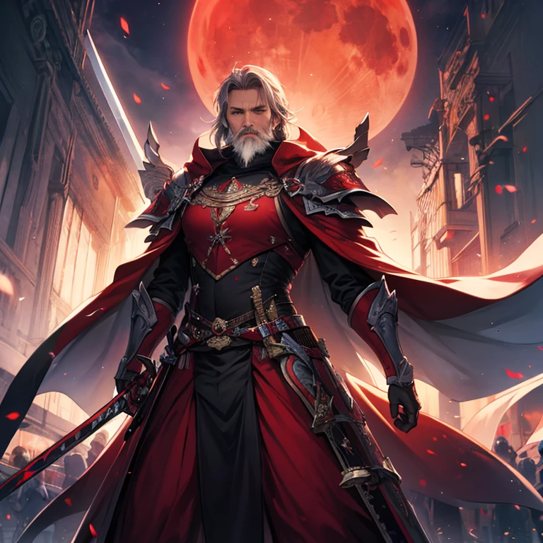 masterpiece, highest quality, 4K, UHD, 40 years old、Post-war period、warrior、Chobi beard、Rin々nice face、Western clothing、cloak、With the red moon in the background、raise one's drawn sword、bewitching picture