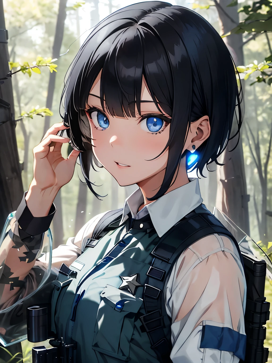 character//1 boy,(black hair:1.3),((short hair:1.2)),((With bangs)),BREAK//((Clear blue eyes:1.3)),BREAK//(Fashion//((Black and blue camouflage long sleeve shirt)),BREAK((dark gray bulletproof vest)),(Sheriff's star badge on the chest of the vest:1.2),((cargo pants)),BREAK//((背丈ほどある大型Have a rifle:1.3)),((survival game)),((Ear microphone:1.3)),((A forest with dense grass)),((Have a rifle:1.6))
