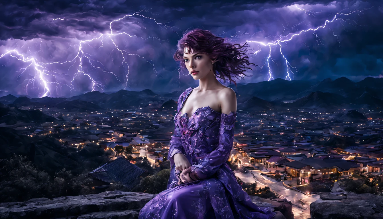 Uma jovem garota de corpo inteiro (Milla Jovovich), Zenistu, e com roupas Vinho e brancas, Purple and White Lightning, cabelos brancos, Purple eyes, Sky Lightning, Fio Eletroluminescente, magic sparks, enchanted magical fantasy. Peach Blossom Land, heaven, Jogo CG, Hand Painted Style, 8k, Ultra HD | |, arte digital conceitual, Azure azul e cinza,(Very detailed, A huge amount of purple lightning shot out from the girl&#39;the hand and hit the city, lightning clouds, Atmospheric lightning, Pink Lightning, with thunderstorms, Tempestade escura with lightning bolts, Dramatic purple lightning, raios no heaven, contrast lightning, trovoada no heaven, lightning in the background, with lightning bolts, Reasonable design, linhas claras, Alta nitidez, melhor qualidade, master part, 4k ).
