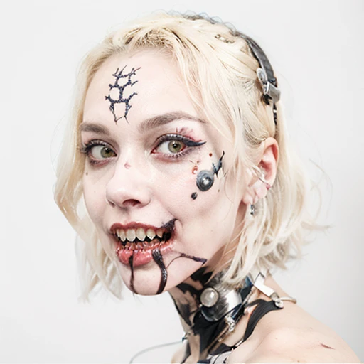 An image of a zombie witch with a creepy face, wide numb eyes, scary open mouth, big sharp teeth with dripping blood and an occult tattoo on the neck, inspired by Junji Ito, junji ito style, art style of junji ito, in style of junji ito, ito junji art, style of junji ito, subtle junji ito, kaethe butcher, inspired by Hannah Frank, fleshy - cyborg - zombie