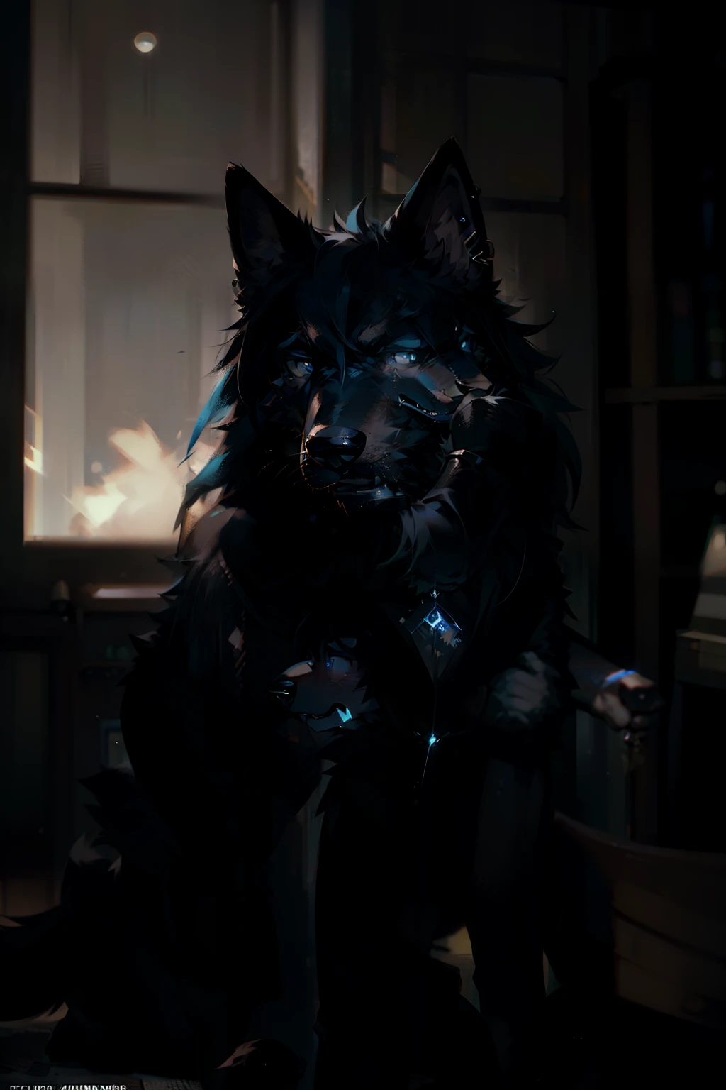 In the dark and gritty image, a dog with piercing blue eyes and unkempt, shaggy fur, clutches a gun to his head. The masterpiece is a raw and intense portrayal of despair and desperation. The gun's cold metal reflects the harsh light in the room, casting deep, ominous shadows on the canine's vibrant, albeit distressed, face. His snout twists in anguish and his tail, usually so full and fluffy, is tucked between his legs. The background is blurred and indistinct, drawing all the attention to the dynamic pose of the dog, who is the focal point of the scene. This high-res