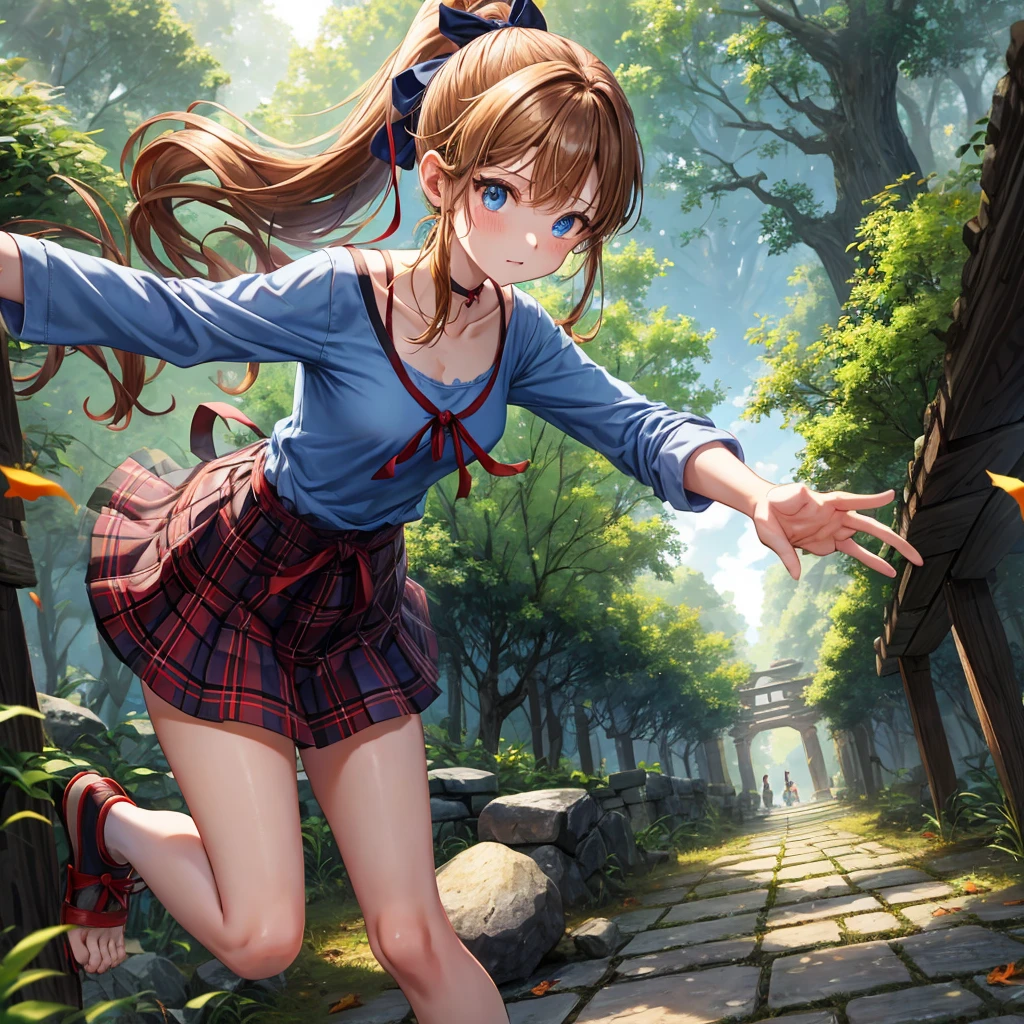 reddish-brown blonde、blue hair、blue eyes、ponytail、one good looking girl、solo、anime、Plaid miniskirt、camisole、black t-shirt、torn、Tilting your face、Doing the ribbon、Ribbon at waist、sunset sky、broken stone steps、ruins、tunnel、Fallen leaves、light and feet up、column、sparks fall、forest、tall grass grows、cloak、the ground is cracked、Vortex of Light、looking down、Fairies are flying