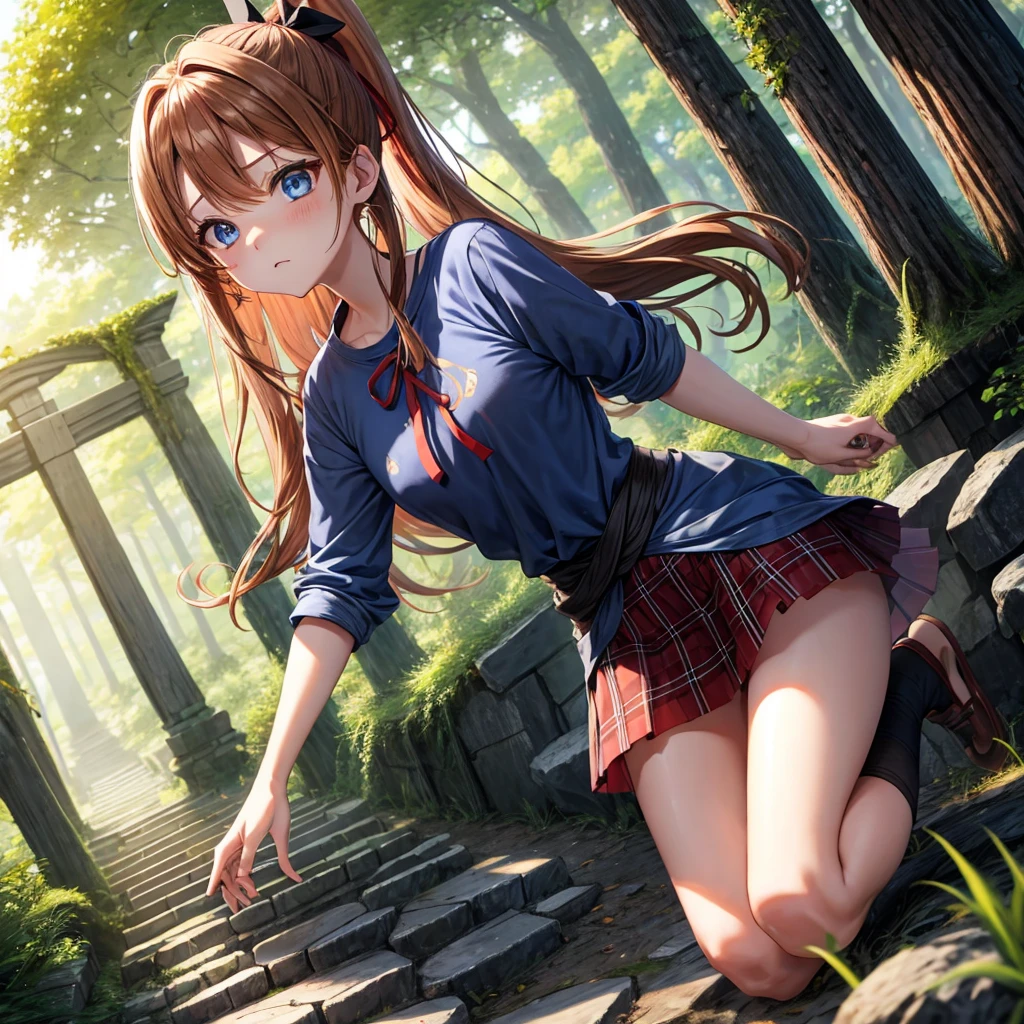reddish-brown blonde、blue hair、blue eyes、ponytail、one good looking girl、solo、anime、Plaid miniskirt、camisole、black t-shirt、torn、Tilting your face、Doing the ribbon、Ribbon at waist、sunset sky、broken stone steps、ruins、tunnel、Fallen leaves、light and feet up、column、sparks fall、forest、tall grass grows、cloak、the ground is cracked、Vortex of Light、looking down、Fairies are flying
