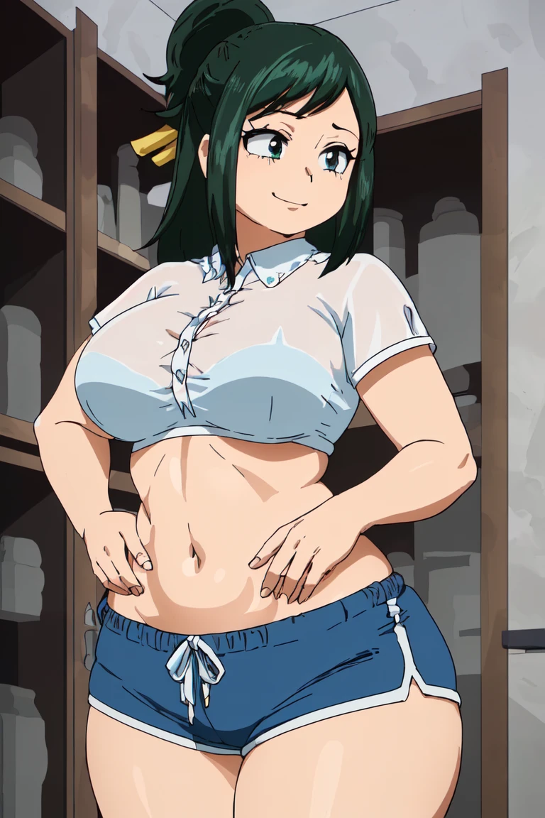 master piece, high quality, 8k, portrait, face shot, professional art, perfect features, intricate details, very detailed background of a school, ((ultra detailed body, ultra detailed hair, ultra detailed face)),best quality, style anime, anime coloring, 1mature woman, Inko_Midorya, ((large_breast)), full body, curvy, green hair, short hair, short ponytail, green eyes, ((micro shorts, bra, transparent white shirt)), navel, ((big_ass)), crotch, ((big_thighs)), looking at the viewer, green lipstick, sexy smile, alone, standing, very detailed eyes, perfect lighting.