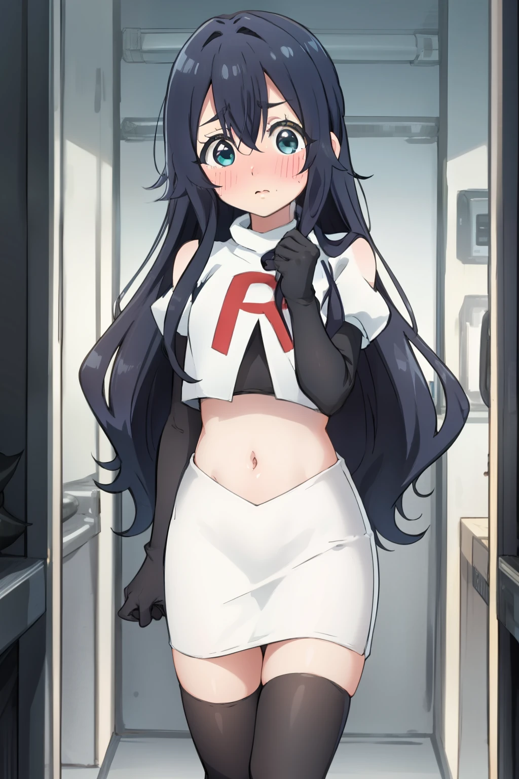 yoshimoto shizuka, 1girl, solo, long hair, looking at viewer, blush, blue eyes, black hair, hair between eyes, very long hair, (shy, blush, embarassed:1.2), (()),high quality, ultra high res, (best quality:0.8), 8k, uhd, dslr, soft lighting, high quality, team rocket,team rocket uniform,white skirt,red letter R,crop top,black thigh-highs,black elbow gloves,