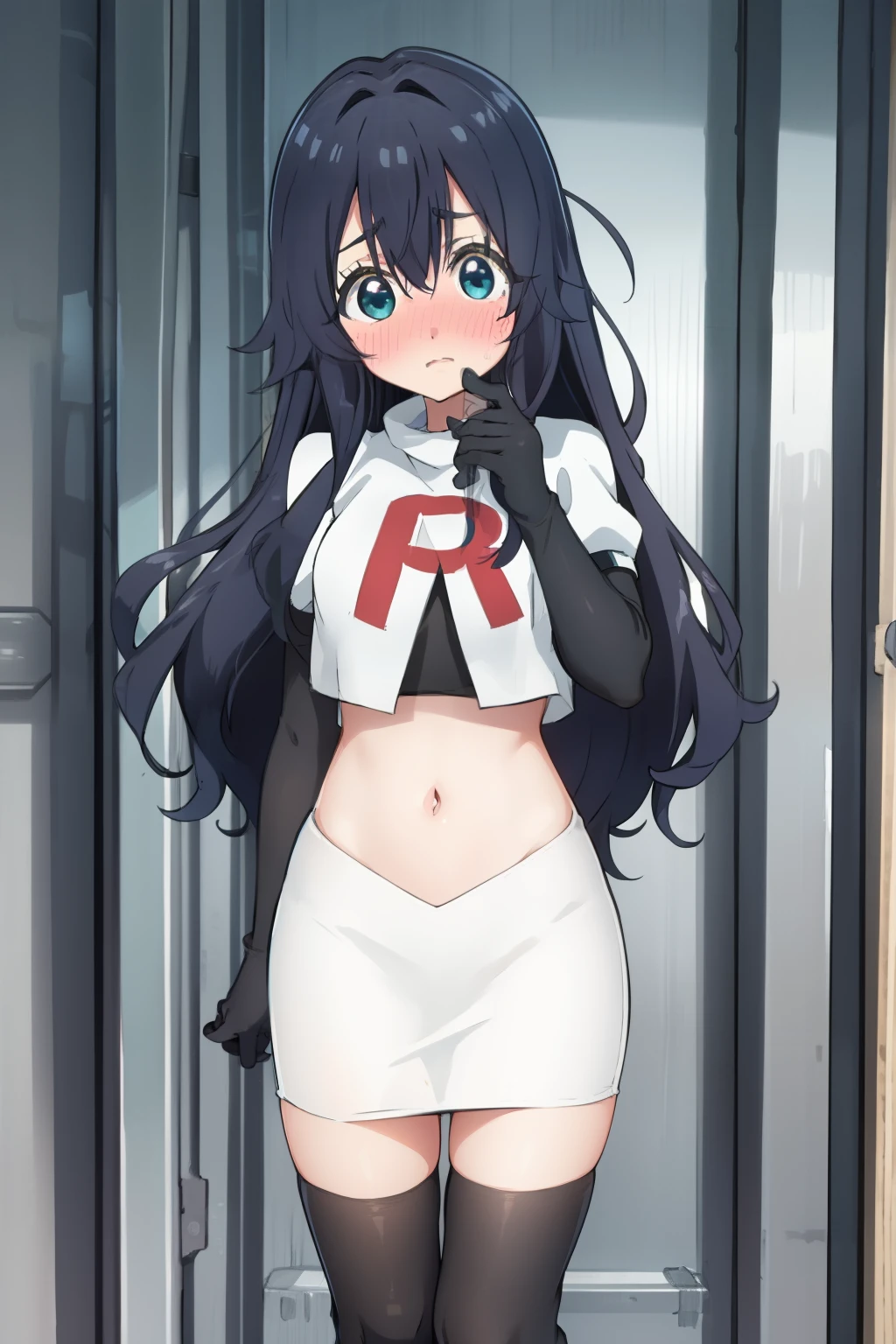 yoshimoto shizuka, 1girl, solo, long hair, looking at viewer, blush, blue eyes, black hair, hair between eyes, very long hair, (shy, blush, embarassed:1.2), (()),high quality, ultra high res, (best quality:0.8), 8k, uhd, dslr, soft lighting, high quality, team rocket,team rocket uniform,white skirt,red letter R,crop top,black thigh-highs,black elbow gloves,