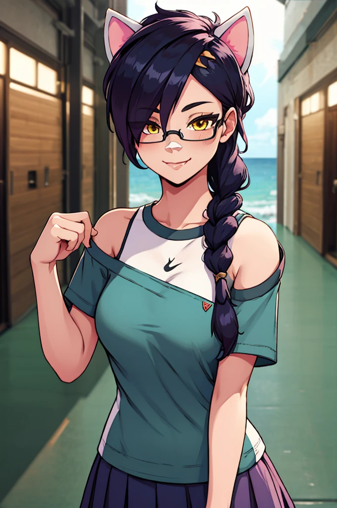Erisa, 1girl, solo, long hair, looking at viewer, black hair, bandaid on face, yellow eyes, animal ears, smile, bandaid on nose, braid, cat ears, bandaid, bangs, breasts, fake animal ears, simple background, fang, bare shoulders, scar, bare shoulders, short sleeves, closed mouth, t-shirt, hair over one eye, portrait, hair over shoulder, skin tight shirt, legs, glasses, school wear, outfit, short skirt, ocean view, seductive, realistic, best quality, masterpiece, ultra detail, ultra high res, extreme detail, 8k, uhd