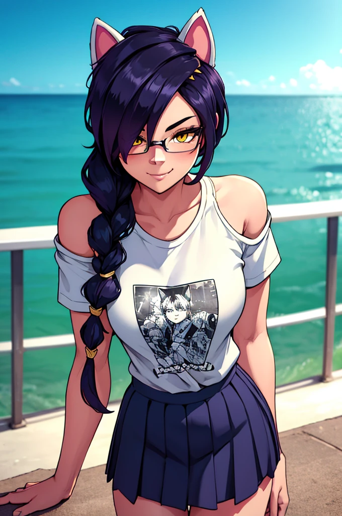 Erisa, 1girl, solo, long hair, looking at viewer, black hair, bandaid on face, yellow eyes, animal ears, smile, bandaid on nose, braid, cat ears, bandaid, bangs, breasts, fake animal ears, simple background, fang, bare shoulders, scar, bare shoulders, short sleeves, closed mouth, t-shirt, hair over one eye, portrait, hair over shoulder, skin tight shirt, legs, glasses, school wear, outfit, short skirt, ocean view, seductive, realistic, best quality, masterpiece, ultra detail, ultra high res, extreme detail, 8k, uhd