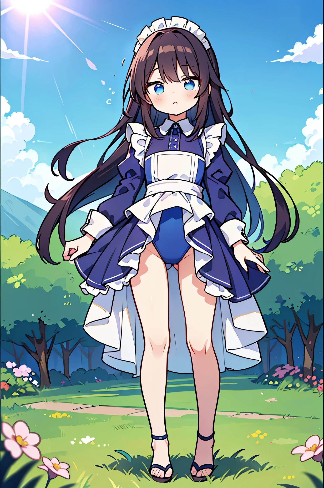 ((masterpiece、8K、highest quality: 1.perfect fingers: 1.perfect anatomy: 1.3、super delicate、background blur))、((One girl in the center of the screen))、(((leotard)、maid、long sleeve))、((、small face、super beautiful girl、straight long hair))、((blush、(Stinking eyes:1.5)、Stuffy look))、(full body display、((standing))、wide shot)、((blue sky、Hot summer sunshine、grass)):1.1、