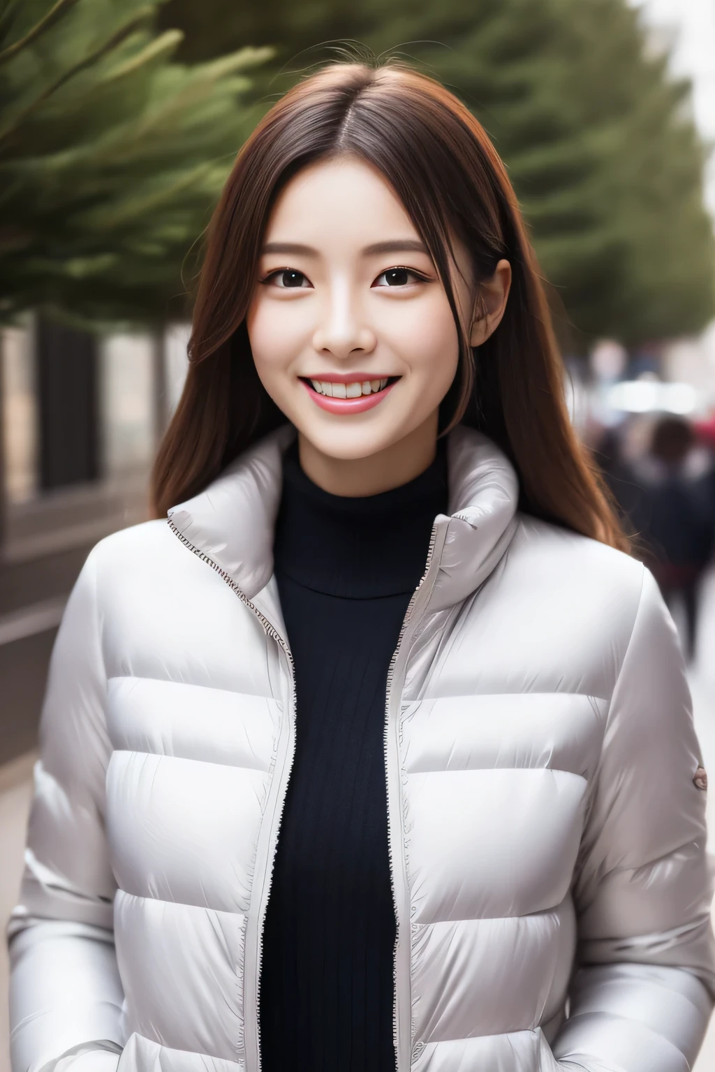 The face is a hostess、white down jacket、high quality、surreal、healthy、smile、Perfect slender figure、beauty of japan、beautiful eyes、perfect face、beautiful skin、Upper body、Christmas tree、street