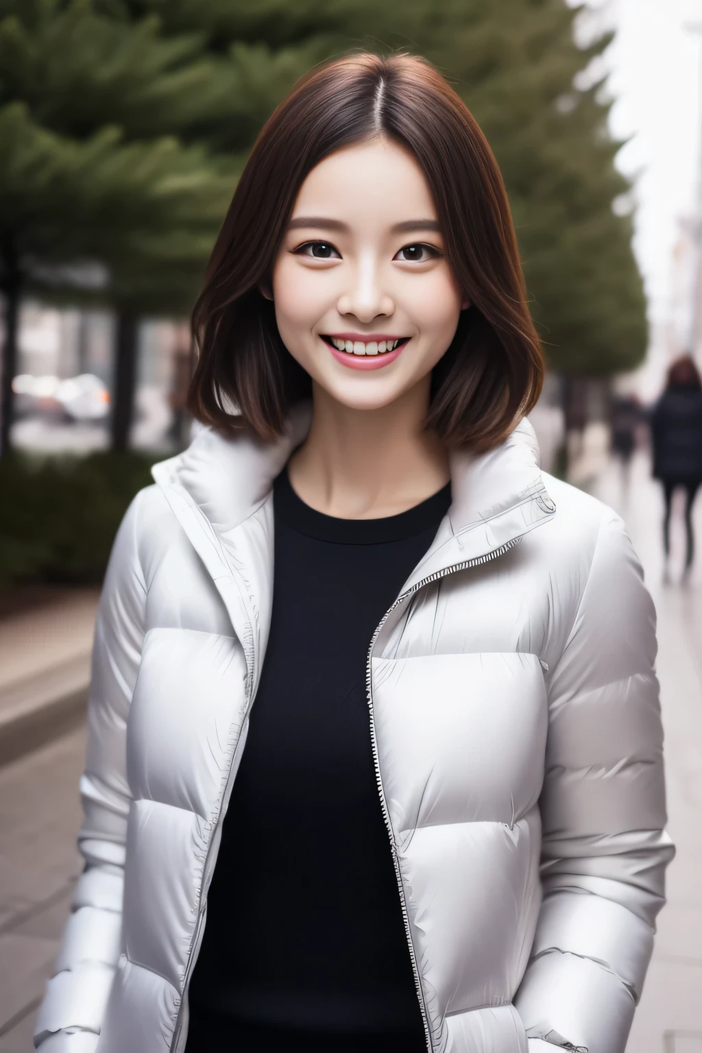 The face is a hostess、white down jacket、high quality、surreal、healthy、smile、Perfect slender figure、beauty of japan、beautiful eyes、perfect face、beautiful skin、Upper body、Christmas tree、street