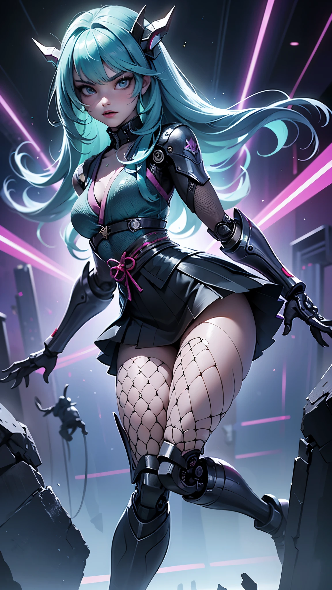 (La mejor calidad,A high resolution,Ultra - detallado,actual),Ariana Grande with miniskirt and neon top, (miniskirt negro colegiala:1.4),(fondo aeropuerto abandonado ciberpunk ruinas:1.4), ,More detailed 8K.motor irreal:1.4,UHD,La mejor calidad:1.4, fotorrealista:1.4, textura de la piel:1.4, obra maestra:1.8,obra-prima, mejor calidad,objeto Objeto], (detailed face features:1.3),(Las proporciones correctas),(convexo Dedos hermosos detallados)，(fishnet medias:1.4),(Ojos hermosos amarillos), (pose vaquero),  (cabello largo azul neon:1.4),(background carnivorous plants climbing abandoned airport:1.4) ,(cyber samurai cyborg:1.4) 