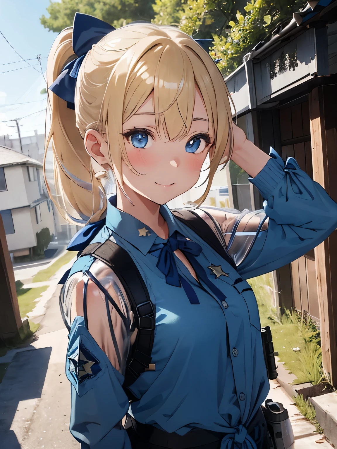 character//1 boy,(blonde:1.3),((Side ponytail tied from around the temporal lobe:1.2)),((With bangs)),BREAK//((big blue ribbon in ponytail knot:1.3)),((Clear blue eyes:1.3)),BREAK//(Fashion//((Black and blue camouflage long sleeve shirt)),BREAK((dark gray bulletproof vest)),(Sheriff&#39;s star badge on the chest of the vest:1.2),((cargo pants)),BREAK//((背丈ほどある大型Have a rifle:1.3)),((survival game)),((Ear microphone:1.3)),((A forest with dense grass)),((Have a rifle:1.6)),(A proud and proud face)