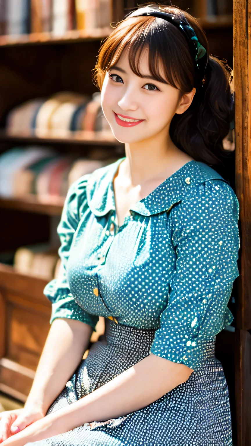 (realistic, photo-realistic:1.4), (extremely detailed 8k wallpaper), bokeh, detailed beautiful eyes and skin, (Image from thighs to head:1.3), ultra res, (Japanese idol:1.4), 25yo, beautiful woman, smile, large breast, Playful polka dot blouse with a flared midi skirt, Quirky, Feminine, Vintage bookstore, Antique bookshelves,