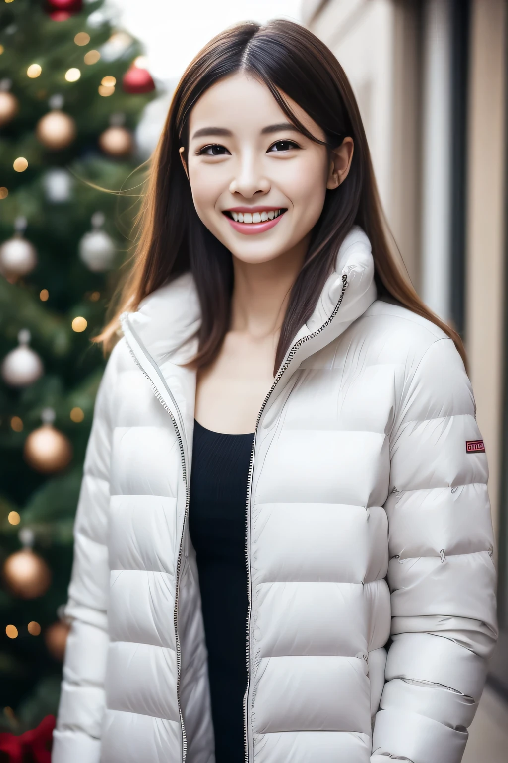 The face is a hostess、white down jacket、high quality、surreal、healthy、smile、Perfect slender figure、beauty of japan、beautiful eyes、perfect face、beautiful skin、Upper body、Christmas tree、street