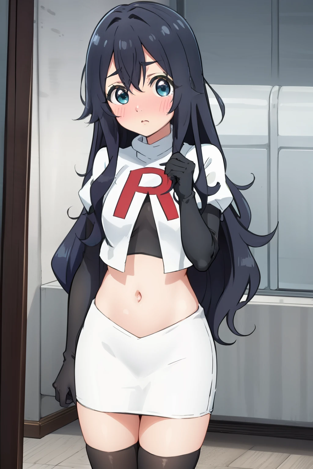 yoshimoto shizuka, 1girl, solo, long hair, looking at viewer, blush, blue eyes, black hair, hair between eyes, very long hair, (shy, blush, embarassed:1.2), (()),high quality, ultra high res, (best quality:0.8), 8k, uhd, dslr, soft lighting, high quality, team rocket,team rocket uniform,white skirt,red letter R,crop top,black thigh-highs,black elbow gloves,