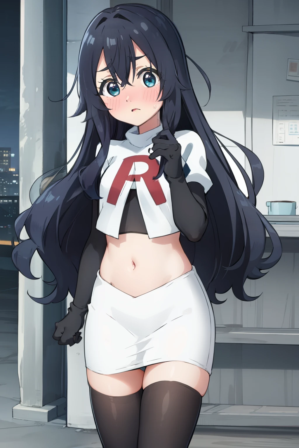 yoshimoto shizuka, 1girl, solo, long hair, looking at viewer, blush, blue eyes, black hair, hair between eyes, very long hair, (shy, blush, embarassed:1.2), (()),high quality, ultra high res, (best quality:0.8), 8k, uhd, dslr, soft lighting, high quality, team rocket,team rocket uniform,white skirt,red letter R,crop top,black thigh-highs,black elbow gloves,