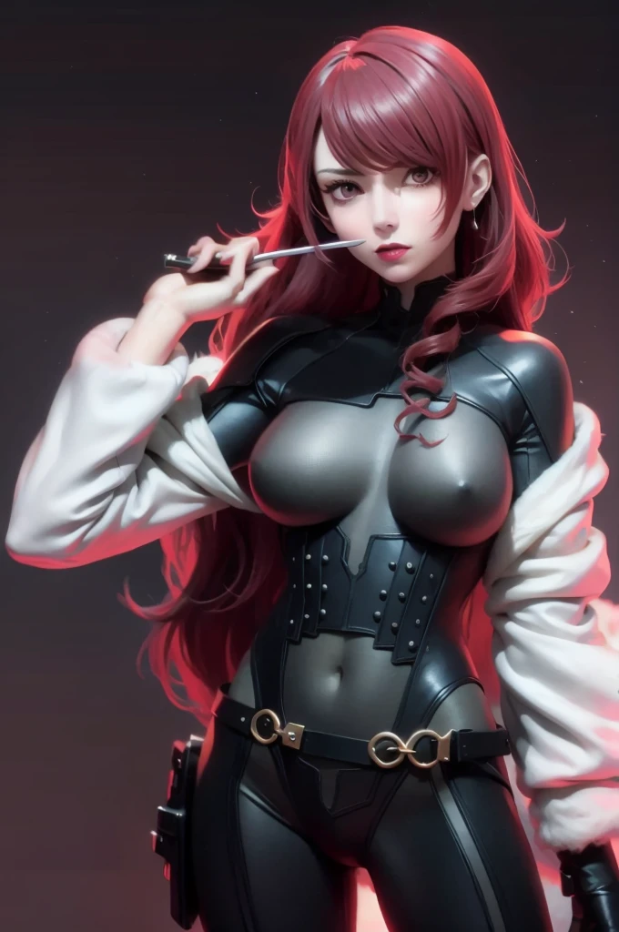 a woman with red lipstick has armor on and is holding a sword, kirijou mitsuru, 1girl, solo, hair over one eye, long hair, (((red hair))), (((red eyes))), weapon, rapier, sword, bodysuit, black bodysuit, grey bodysuit, hand on hip, (((large breasts))), simple background, white background, (purple theme:1.2)
