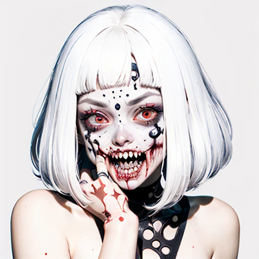An image of a zombie witch with a creepy face, angry, wide numb eyes, scary open mouth, big sharp teeth with dripping blood and an occult tattoo on the neck, inspired by Junji Ito, junji ito style, art style of junji ito, in style of junji ito, ito junji art, style of junji ito, subtle junji ito, kaethe butcher, inspired by Hannah Frank, fleshy - cyborg - zombie