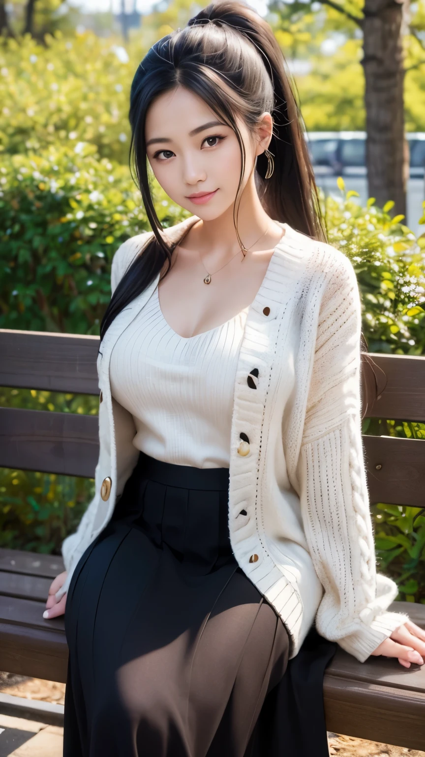 masterpiece、highest quality、High resolution、realistic:1.5、best image quality、(realistically drawn hands and fingers、realistically drawn arms and legs)、one woman、18 year old girl、round face、baby face、japanese idol、japanese woman、cute woman、detailed eyes and lips、detailed iris、beautiful eyes、fun expression、smile、(face the camera、(look at the camera))、((long black hair、ponytail、hair ornaments))、professional lighting、bright light、Light of the sun、shiny skin、((knit sweater、オフショルダーのknit sweater、long skirt、long coat))、winter scenery、quiet place、park bench、big breasts、cleavage、Sensual body lines、dynamic pose、sexy pose、dynamic angle、