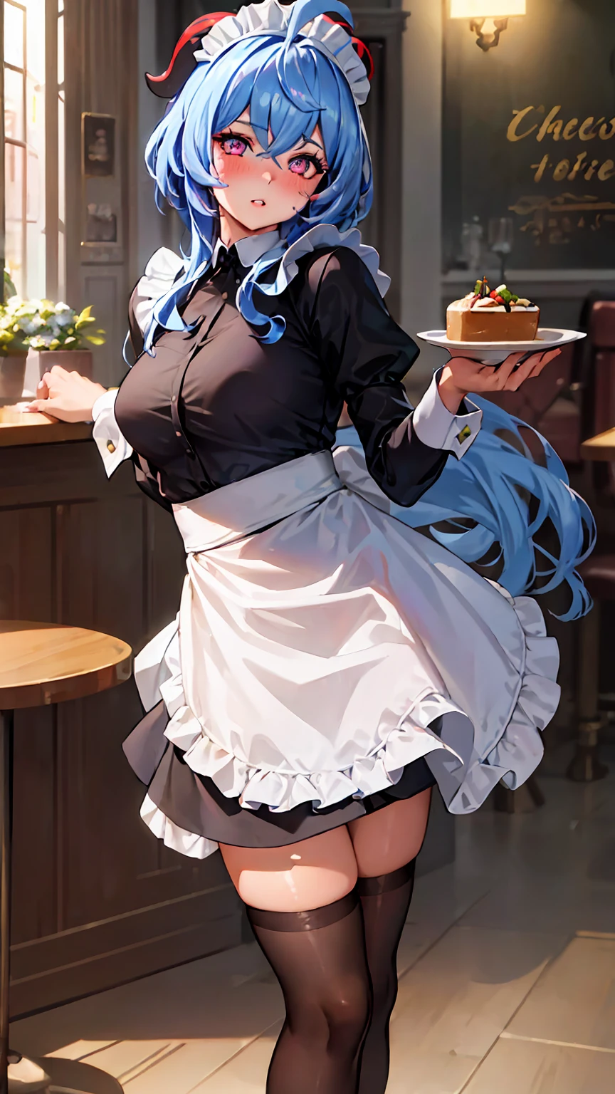 ((highly detailed)), genshin impact, ganyu, perfect human hands, (great breast:1.1),masterpiece, best quality, ultra-detailed, glistening shiny, glowing light, ray tracing, HDR, deph of field, (perfect face, detailed face, detailed eyes,perfect hands,perfect fingeredium :1.2),8k,HD,ultra realistic face,ray tracing,perfect lighting,best quality, ultra-detailed, shiny eyes, (looking at the distance, serious:1.1), ((1girl:1.2)),cowboy shot,thicc,streaked_hair,((blue gradient hair)),multicolored eyes, gradient eyes, (glowing eyes:1.5), mascara, (fashion make up), (parted lips,blush, cafe maid, cafe, inside cafe, maids, tables, food, restaurant:1.4),((super detailed background)), dynamic poses, ((8k wallpaper)), (mature female), white headwear, black thighhighs, (((mini skirt)))