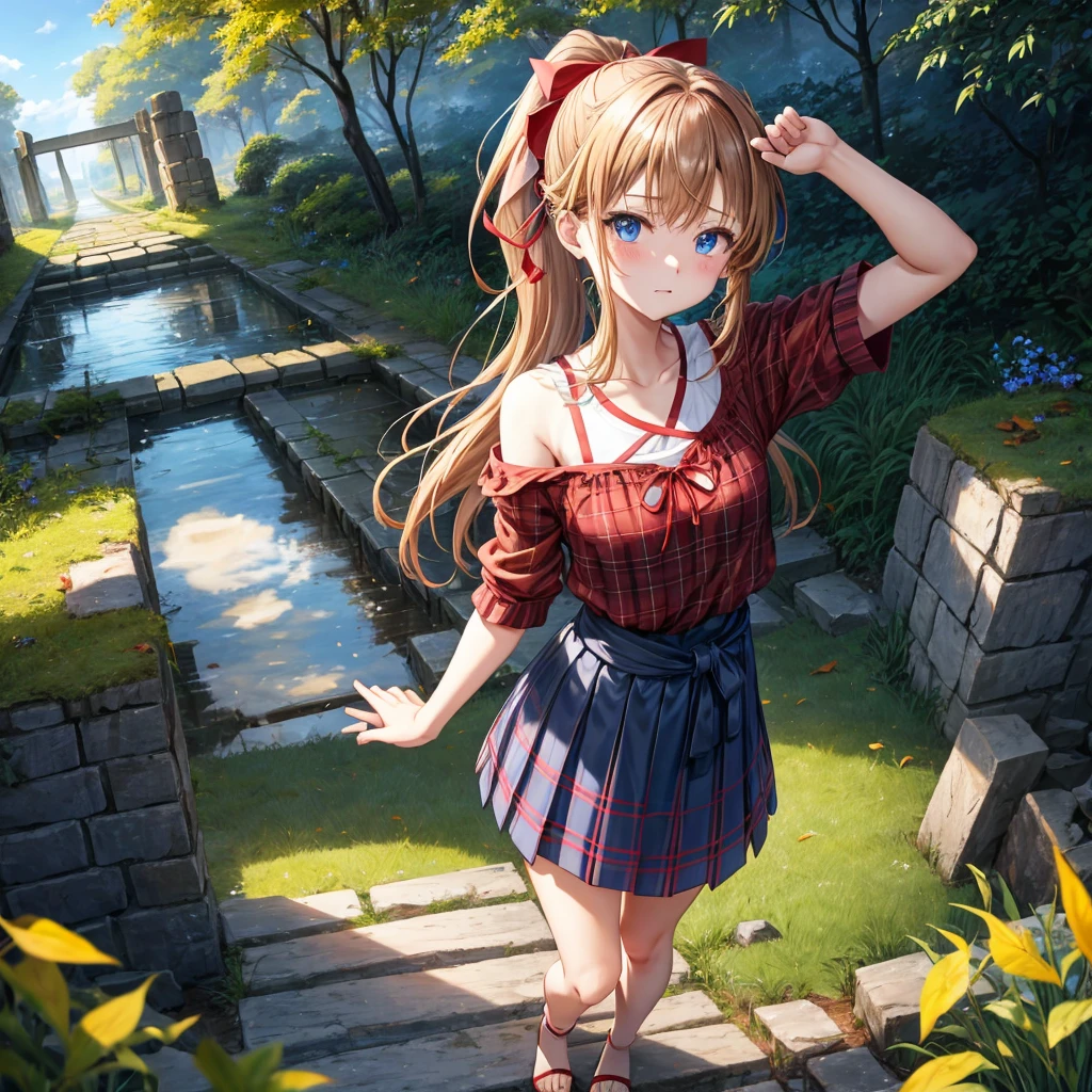 reddish-brown blonde、blue hair、blue eyes、ponytail、one good looking girl、solo、anime、Plaid miniskirt、camisole、black t-shirt、torn、Tilting your face、Doing the ribbon、Ribbon at waist、sunset sky、broken stone steps、ruins、tunnel、Fallen leaves、light and feet up、column、sparks fall、forest、tall grass grows、cloak、the ground is cracked、Vortex of Light、looking down