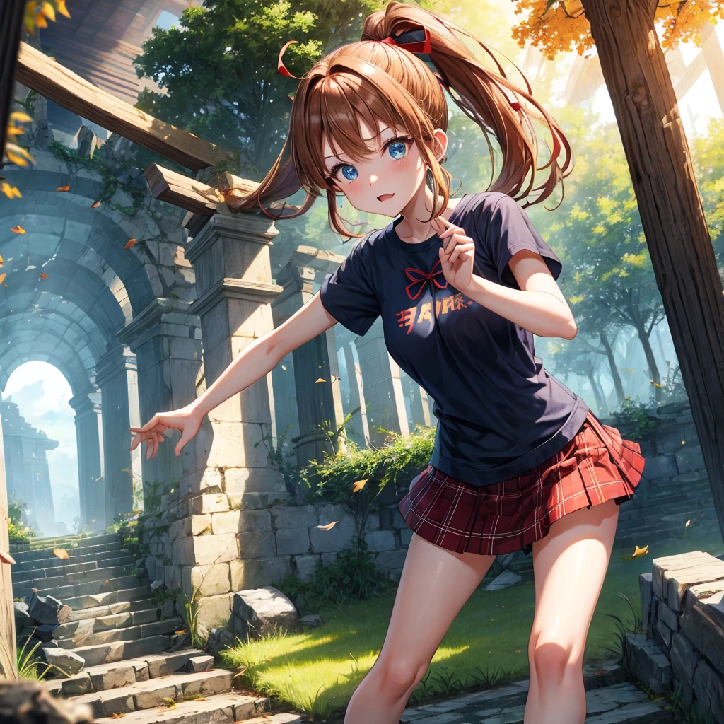 reddish-brown blonde、blue hair、blue eyes、ponytail、one good looking girl、solo、anime、Plaid miniskirt、camisole、black t-shirt、torn、Tilting your face、Doing the ribbon、Ribbon at waist、sunset sky、broken stone steps、ruins、tunnel、Fallen leaves、light and feet up、column、sparks fall、forest、tall grass grows、cloak、the ground is cracked、Vortex of Light、looking down