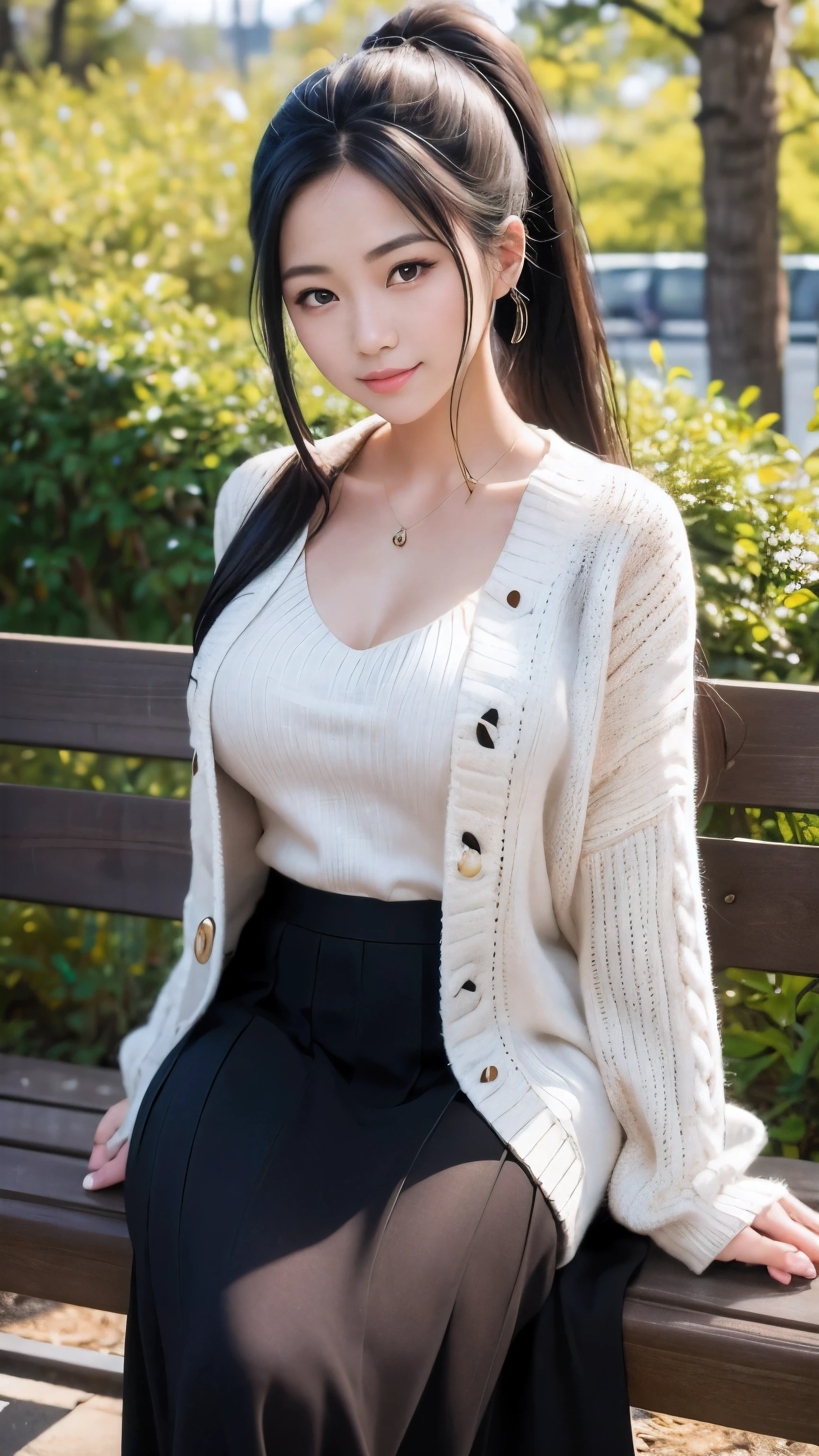 masterpiece、highest quality、High resolution、realistic:1.5、best image quality、(realistically drawn hands and fingers、realistically drawn arms and legs)、one woman、18 year old girl、round face、baby face、japanese idol、japanese woman、cute woman、detailed eyes and lips、detailed iris、beautiful eyes、fun expression、smile、(towards the camera、(look at the camera))、((long black hair、ponytail、hair ornaments))、professional lighting、bright light、Light of the sun、shiny skin、((knit sweater、オフショルダーのknit sweater、long skirt、long coat))、winter scenery、quiet place、park bench、big breasts、cleavage、Sensual body lines、dynamic pose、sexy pose、dynamic angle、
