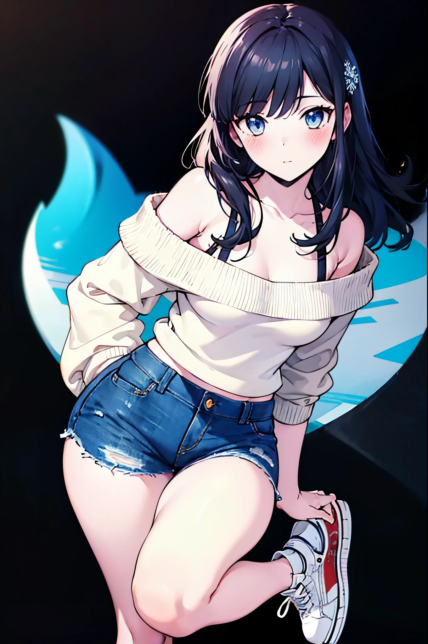 realistic image, coherent image, detailed image, a beautiful girl, she has long black hair, she has blue eyes, her face is oval and delicate, blushing, medium breasts, curvy body, thick thighs, she is wearing an off-the-shoulder sweater, denim mini shorts, moccasin sneakers, view of her legs, snowflake, black background, uniform background,