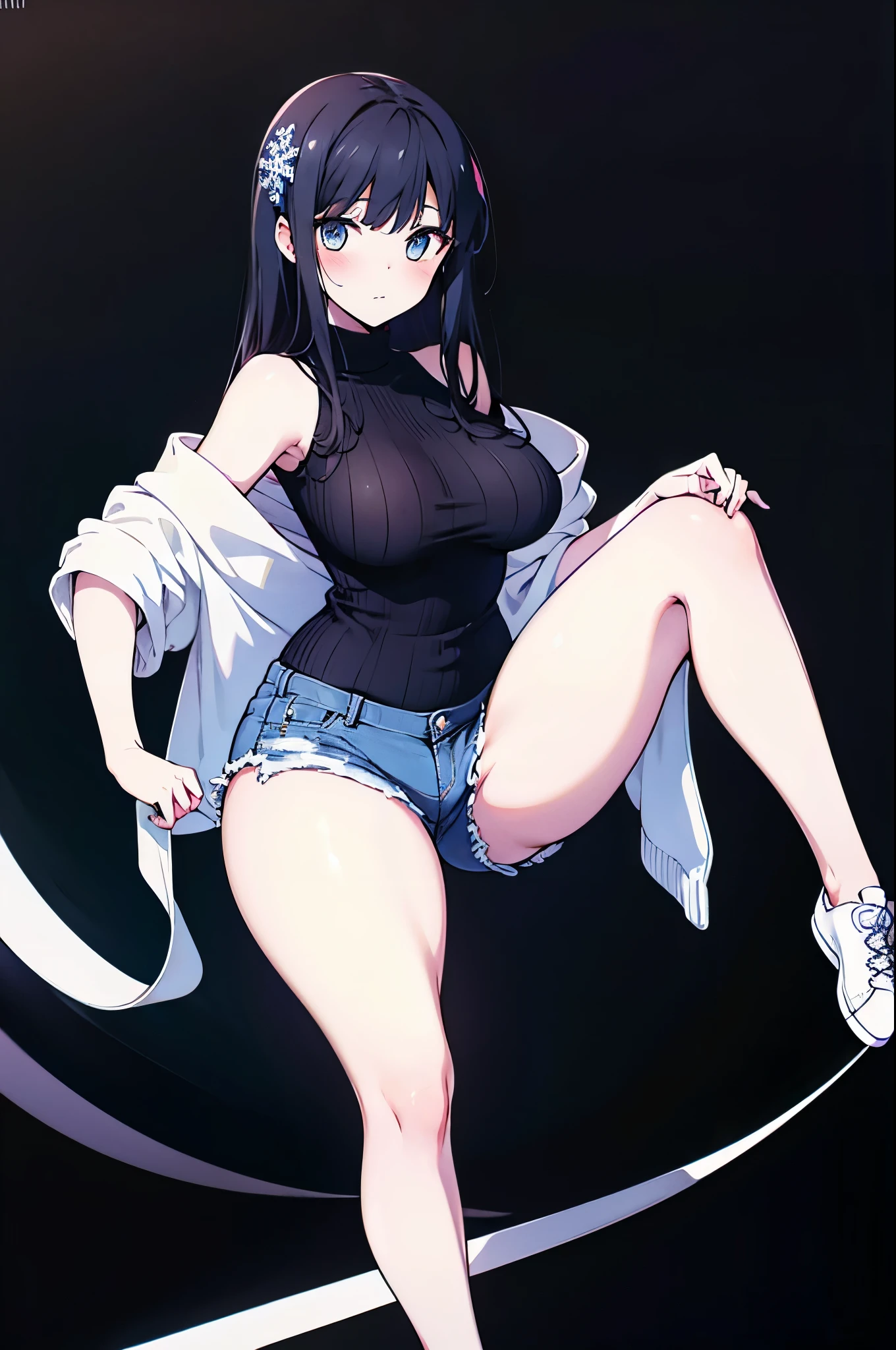 realistic image, coherent image, detailed image, a beautiful girl, she has long black hair, she has blue eyes, her face is oval and delicate, blushing, medium breasts, curvy body, thick thighs, she is wearing an off-the-shoulder sweater, denim mini shorts, moccasin sneakers, view of her legs, snowflake, black background, uniform background,
