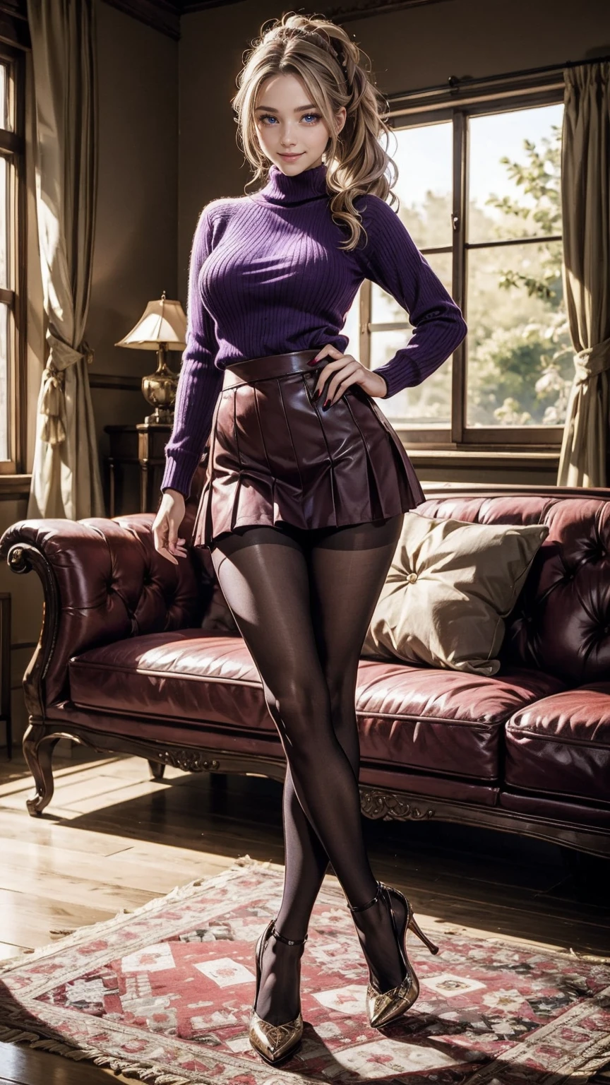 highest quality、masterpiece、ultra high resolution、24 year old white female、Hair color is brunette and purple gradation color、blue eyes、long hair、my hair is wavy、hair up style、smile、Slender but well-proportioned feminine body、wearing red nail polish、Wearing a high-neck sweater、wearing a pleated skirt、wearing pantyhose、wearing high heels、smile、I'm in a luxuriously decorated living room
