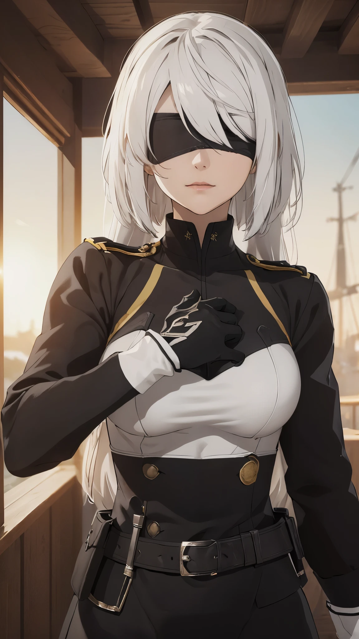 (extremely detailed CG unity 8k wallpaper), (masterpiece), (best quality), (ultra-detailed), (best illustration), (best shadow), (absurdres), 2b, 1girl, long hair, long ponytail, normal size boobs, white hair, blindfold solo, Intimidating women, admiral uniform, night, hero pose, white clothes, General Uniform, Military Uniform, Sunlight, exposed to sunlight,commander, cape, fighting, ((beautiful fantasy girl)), (Master Part: 1.2), Best Quality, High Resolution, photorealestic, photogenic, Unity 8k壁纸, perfect lighting, (perfect arms, perfect anatomy) beatiful face, intricate details, Detalhes realistas, the anime, The Perfect Girl, perfect details, Ultra HD |, 8K, Professional photo(extremely detailed CG unity 8k wallpaper), (masterpiece), (best quality), (ultra-detailed), (best illustration), (best shadow), (absurdres), 2b, 1girl, long hair, long ponytail, normal size boobs, white hair, blindfold solo, Intimidating women, admiral uniform, night, hero pose, white clothes, General Uniform, Military Uniform, Sunlight, exposed to sunlight, commander, black clothes, sunkissed, sunset background