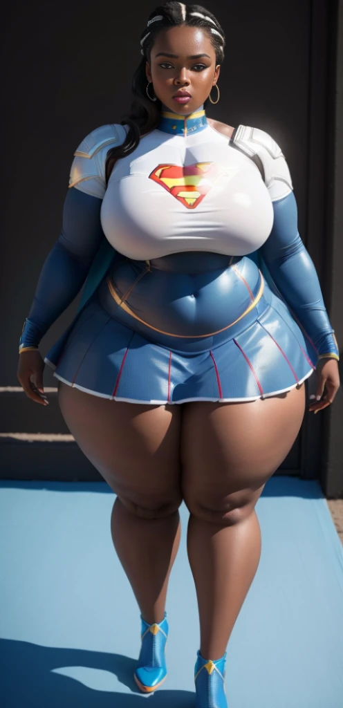 "An ultra-detailed 8k masterpiece of better quality and high saturation well focused. The image features an outfit illustration featuring a stunning plus size black beauty woman wearing a super tight sexy white and blue supergirl mini skirt costume, including a blue background, long legs, (FULL BODY:1.2)."